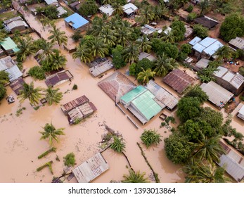 Aerial View Overhead Flooded Houses After A Cyclone