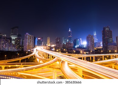 aerial view the overpass at night, shanghai china. - Shutterstock ID 385630666