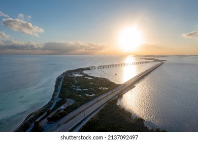 Aerial View Of The Overseas Highway At Bahia Honda Key And State Park At Sunset In The Florida Keys