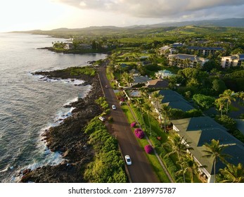 Aerial View Of Pacific Ocean Shoreline At Poipu On Kauai