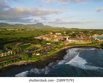 Aerial View Of Pacific Ocean Shoreline At Poipu On Kauai