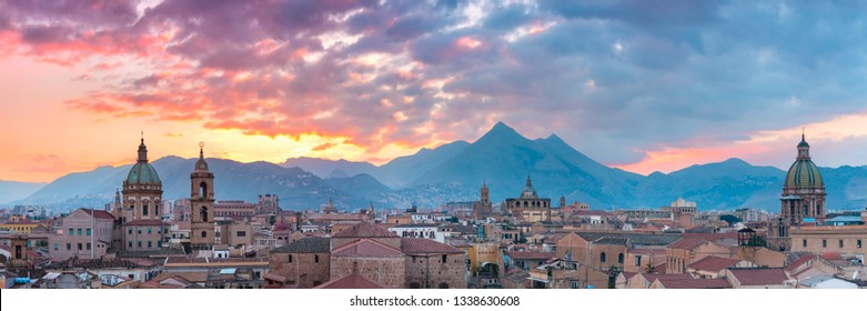 Aerial view of Palermo at sunset, Sicily, Italy