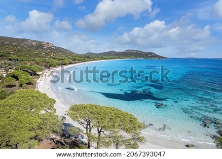 Aerial view with Palombaggia beach in Corsica island, France