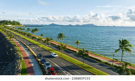 Aerial view of Panama, Cosway, Amador, Camineria, Bridge of the Americas, Panama Canal, Biomuseum