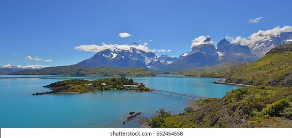 Aerial View And Panorama Of Pehoe Lake During Daytime Inside The Torres Del Paine National Park, Chile.