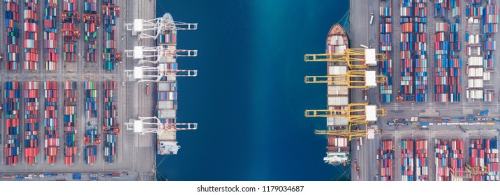 Aerial view panoramic sea port warehouse and container ship or crane ship working for delivery containers shipment. Suitable use for transport or import export to global logistics concept. - Shutterstock ID 1179034687