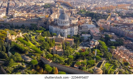 Aerial view of Papal Basilica of Saint Peter in the Vatican located in Rome, Italy. It's the most important and largest church in the world and residence of the Pope. Around it are the Vatican gardens