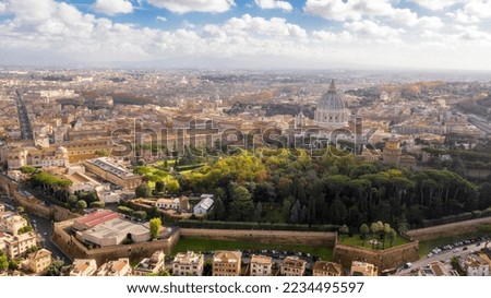 Aerial view of Papal Basilica of Saint Peter in the Vatican located in Rome, Italy. It's the most important and largest church in the world and residence of the Pope. Around it are the Vatican gardens