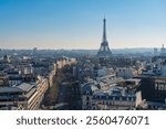 Aerial view of Paris with the Eiffel Tower and city rooftops