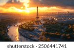  aerial view of Paris at sunset, featuring the iconic Eiffel Tower at the heart of the image. The setting sun bathes the city in a warm golden light, highlighting the detailed architecture 