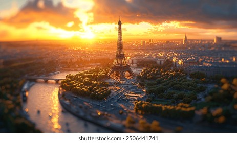  aerial view of Paris at sunset, featuring the iconic Eiffel Tower at the heart of the image. The setting sun bathes the city in a warm golden light, highlighting the detailed architecture 