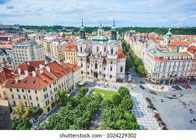 Aerial view of Parizska Street and St Nicholas church, the widest street of the Old Town in Prague. It is the entrance to the Old Jewish Quarter. Well known for shopping in luxury boutiques.