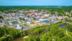 Aerial View Of Park Area Leading To Wide View Of Mount Vernon City In Ohio