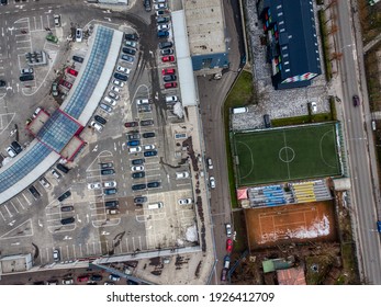 Aerial view of a parked cars