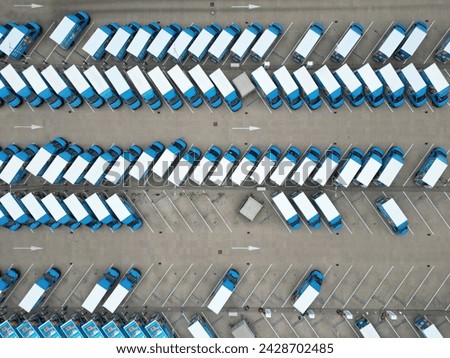 Aerial view of parked trucks at a large food distribution centre, The Netherlands