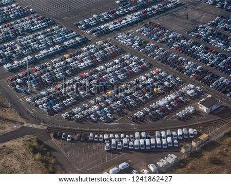 aerial view of the parking of the car Renault factory at Flins in the department of Yvelines in France