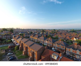 Aerial view of parking and roof tops of British housing development in Yeovil, UK