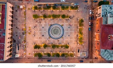 Aerial View Of The Parks Of The Center Of The City Of Querétaro In A Sunset.