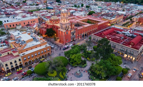 Aerial View Of The Parks Of The Center Of The City Of Querétaro In A Sunset.