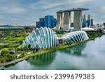 Aerial view of the parks, gardens and modern buildings at the Marina Bay area of the city of Singapore