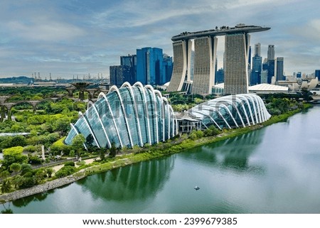 Aerial view of the parks, gardens and modern buildings at the Marina Bay area of the city of Singapore