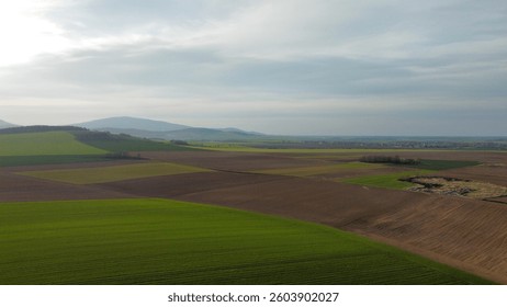 Aerial view of a patchwork of cultivated fields in early spring with rolling hills under a soft cloudy sky.