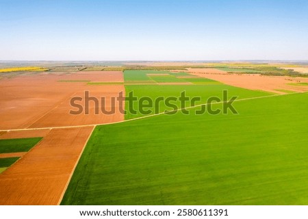 Aerial view of patchwork fields and mosaic cultivated lands on a sunny day. Top view, drone shot. Agro-industrial culture. Various types agricultural cultures. Photo wallpaper. Beauty of earth.