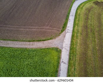 Aerial view of path in agricultural fields