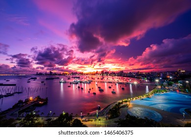 Aerial view of Pattaya harbor with twilight sky in the morning, Pattaya Thailand
