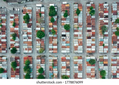 An aerial view of the pattern of abandoned containers before the auction sale of the containers blindly. Drone shot.