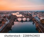 Aerial View Pavia, Italy. Ponte coperto by drone. Lombardy Italia. Evening photo of Italy from a drone. Photography at sunset