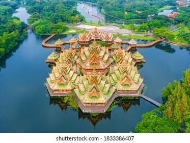 Aerial View The Pavilion Of The Enlightenment In Ancient City Samut Prakan Of Thailand