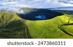 Aerial view of peak Caldeira do Faial at Faial island at sunrise, Azores, Portugal