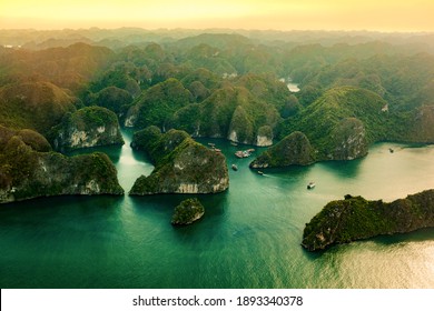 Aerial view of Pearl farm in Halong bay, Vietnam. UNESCO World Heritage Site.