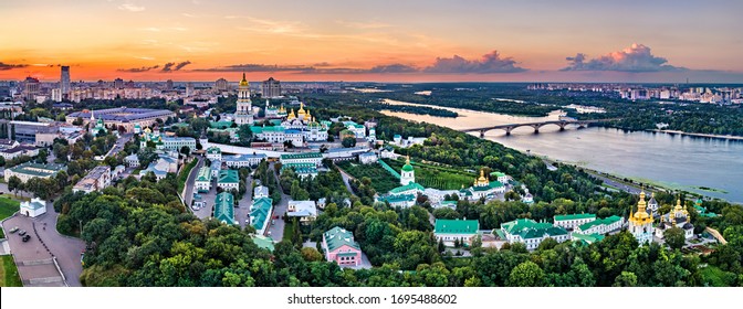 Aerial view of Pechersk Lavra in Kiev. UNESCO world heritage in Ukraine - Shutterstock ID 1695488602