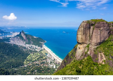 Aerial View Of Pedra Da Gávea In Rio De Janeiro Using A Drone, With A Beautiful Sky And Blue Sea