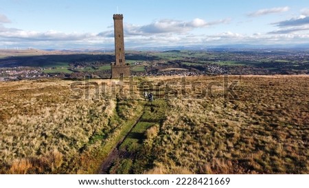 Aerial view of peel tower at the top of Holcombe hill in Bury Lancashire England.