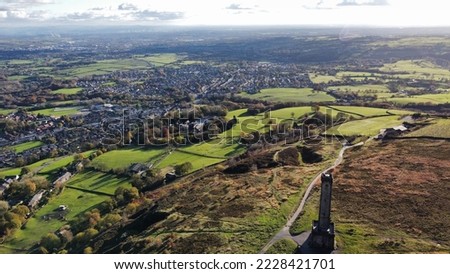 Aerial view of peel tower at the top of Holcombe hill in Bury Lancashire England.