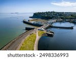 Aerial view of Penarth and the Cardiff Barrage leading out onto the Bristol Channel