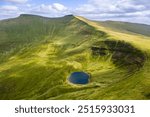 Aerial view of Pen-y-Fan, Corn Du and Cwm Llwch lake in the Brecon Beacons National Park, Wales