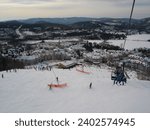 An aerial view of people skiing on Mont Saint Sauveur in Quebec, Canada