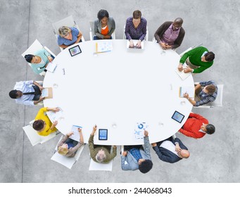 Aerial View People Working Sharing Connection Conference Table