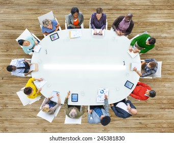 Aerial View People Working Sharing Connection Conference Table