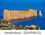 Aerial view of Perce rock and coast of Perce Quebec Canada