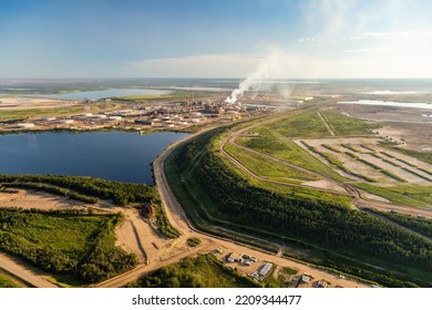 Aerial View Of Petroleum Industrial Oil Mining Site In The Athabasca Tar Sands Region Near Fort McMurray Athabasca River Travel Alberta Canada