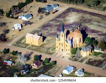 Aerial View Of Pfeifer, Kansas And Its Beautiful Volga German Church