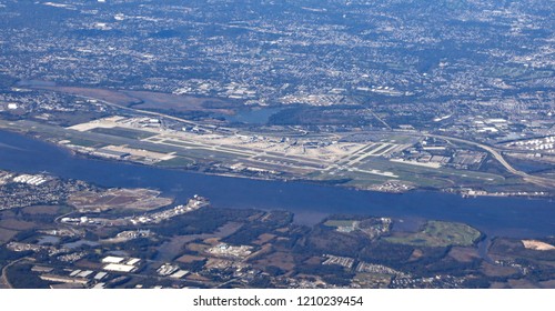 Aerial View Of The Philadelphia International Airport, With Runways And The Terminals.
