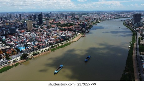 Aerial View Of Phnom Penh City And The Tonle Sap River In Cambodia.