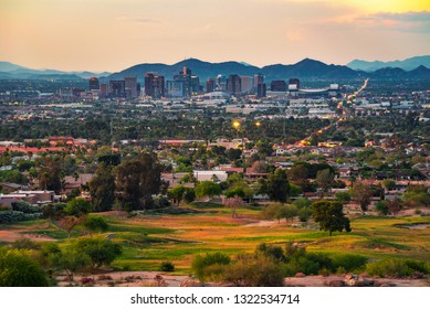 Aerial view of Phoenix Arizona skyline at sunset