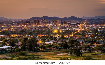 Aerial view of Phoenix Arizona skyline at sunset